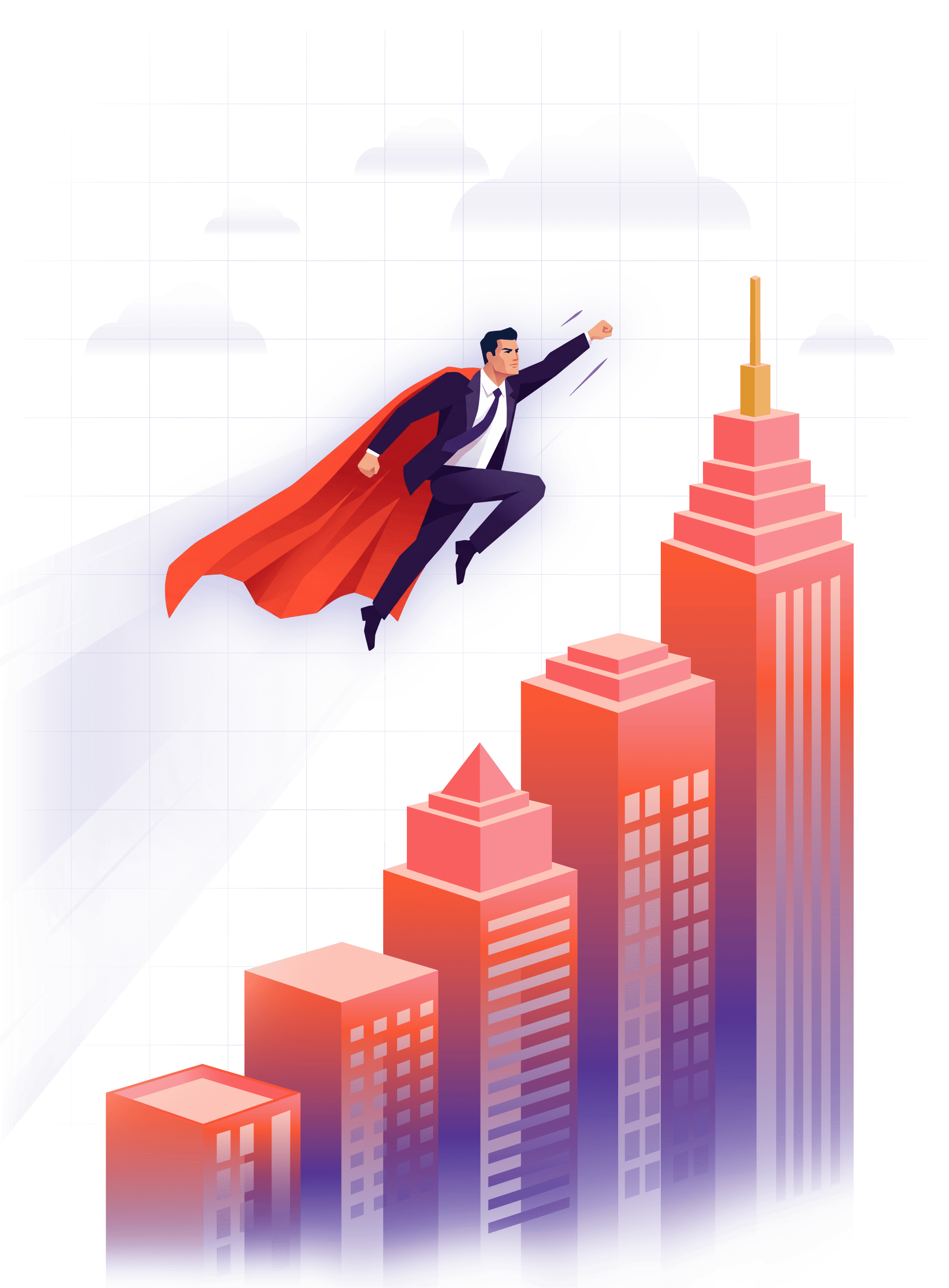 Vector illustration of a professional businessman flying towards the peak of a city skyline graph, representing Astratek Creations’ superpower in scaling businesses.